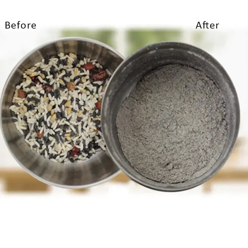 Modern stainless steel electric grinder with textured rim for grinding grains from mix to fine gray powder in kitchen