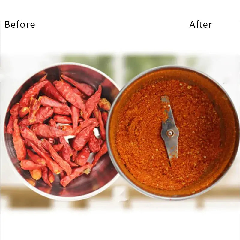 Modern stainless steel electric grinder with silver blade showing dried red chilies and ground red powder for grinding grains