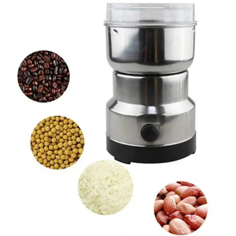 Modern stainless steel electric grinder with clear plastic lid and black base for grinding grains in kitchen