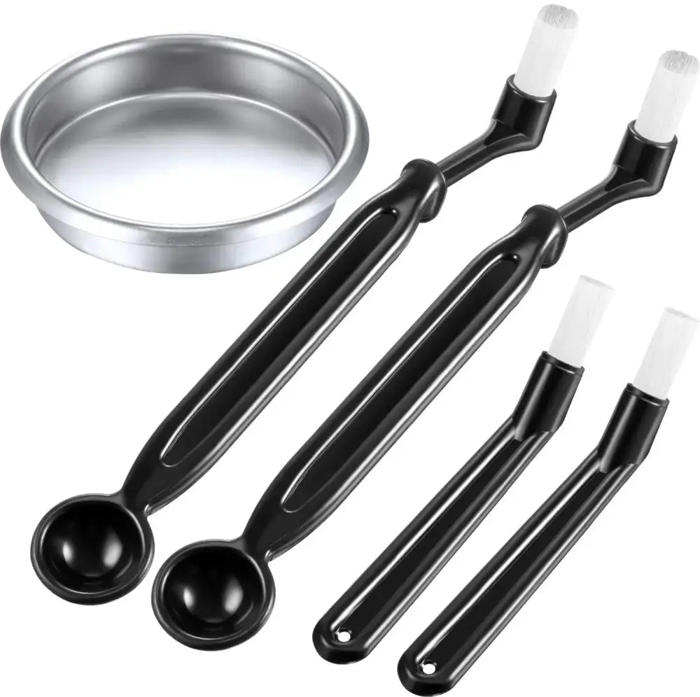 Set of four black plastic cleaning brushes with white bristles and silver metal bowl for decorbites espresso machine cleaning kit