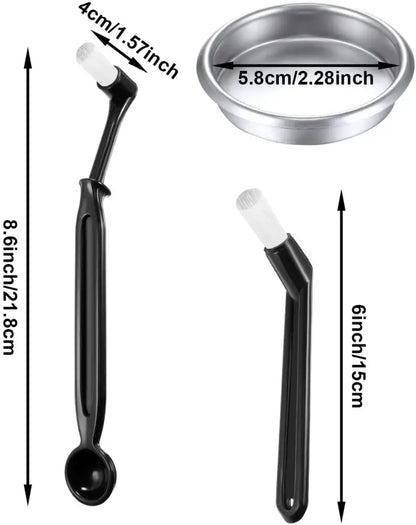 Black plastic coffee scoop and brush set with white bristle tips for espresso machine cleaning kit by decorbites