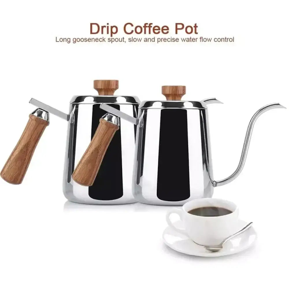 Modern stainless steel gooseneck drip coffee pot with wooden handles and gooseneck stainless steel spout by decorbites