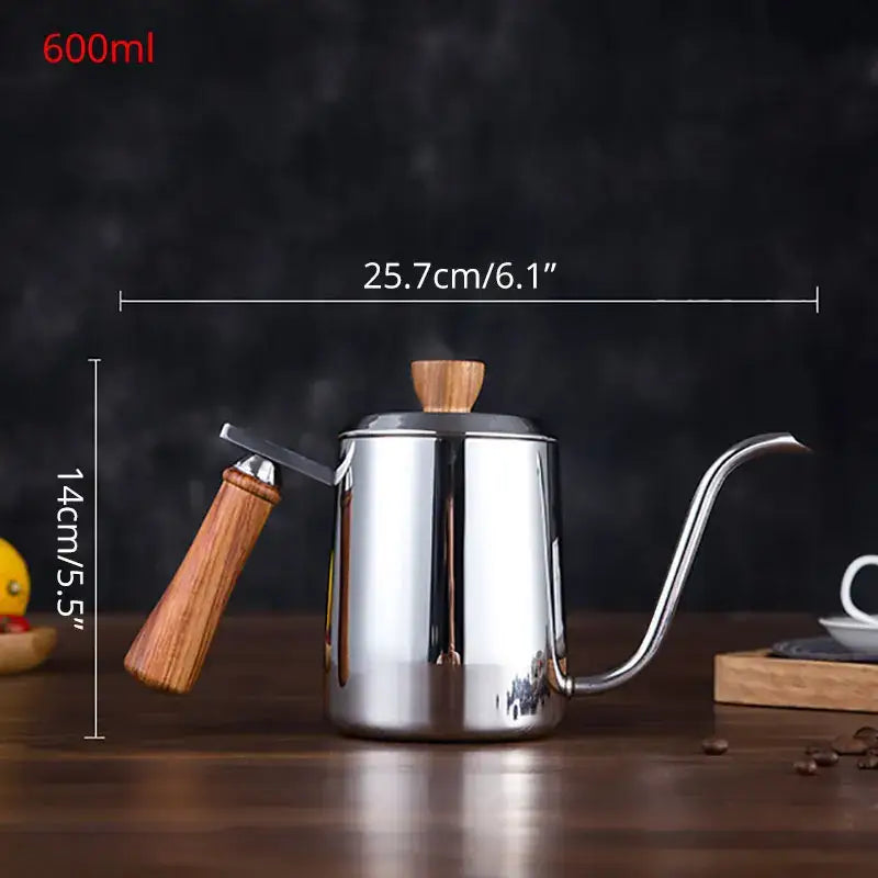 Modern stainless steel gooseneck drip coffee pot with wooden handle and 600ml capacity by decorbites gooseneck stainless steel