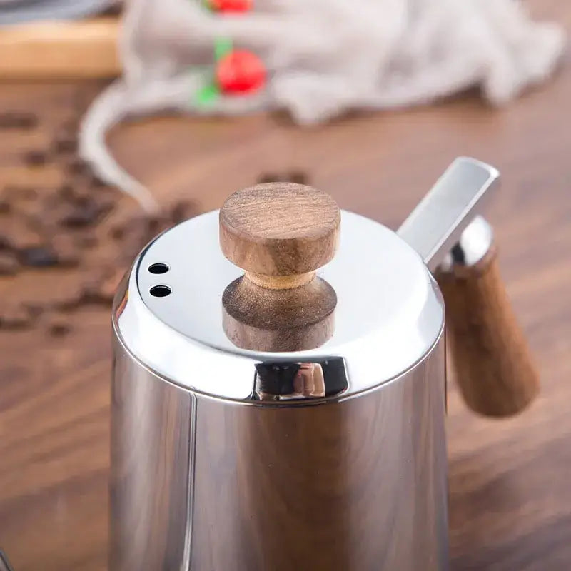 Modern stainless steel gooseneck drip coffee kettle with wooden knob and handle by decorbites for precise brewing