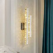 Modern stainless steel k9 crystal led wall mount light with two vertical bars emitting warm light for living room