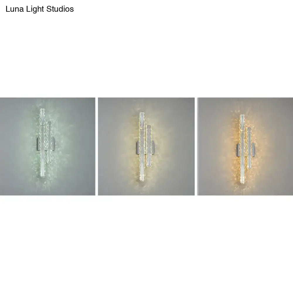 Modern stainless steel k9 crystal led wall mount light with three vertical crystal rods for living room wall mount light