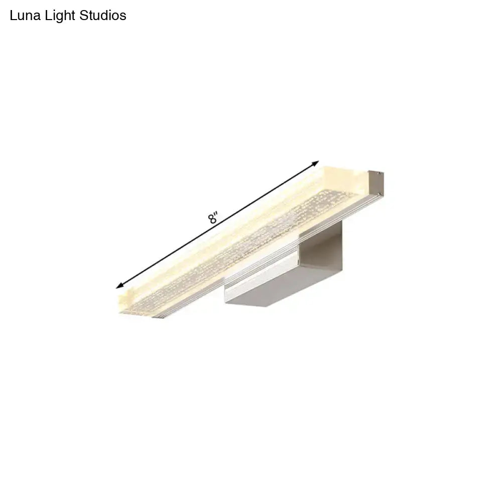 Modern stainless steel led bathroom light with frosted textured glass panel and sleek metallic finish 8-inch design