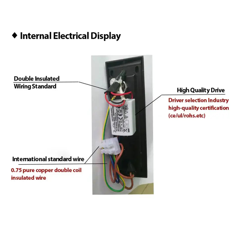 Back side of a white rectangular led driver with colored wires connected for modern stainless steel wall light decorbites led bedside