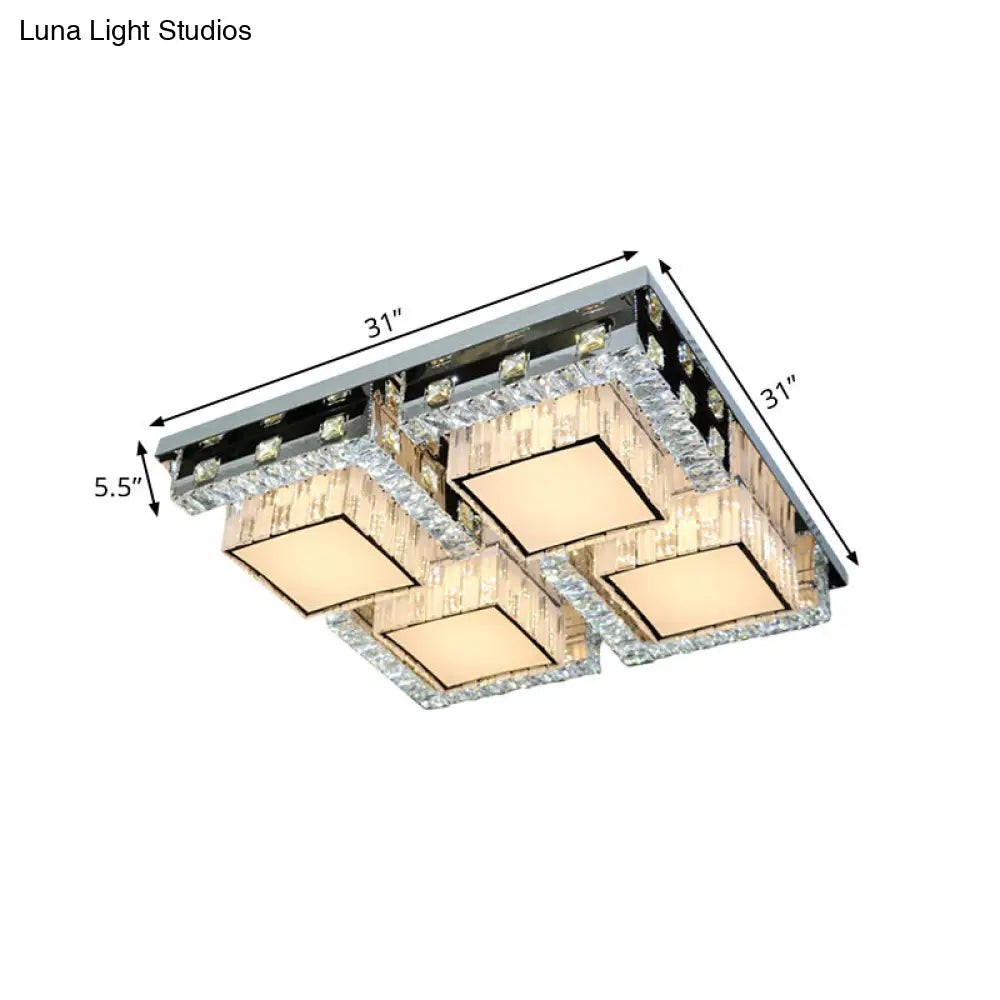 DecorBites™ DecorBites™ Modern Stainless-Steel LED Ceiling Light with Crystal Blocks - Rectangle/Square Shape, White Cubic Shade - 31"/46.5" Wide