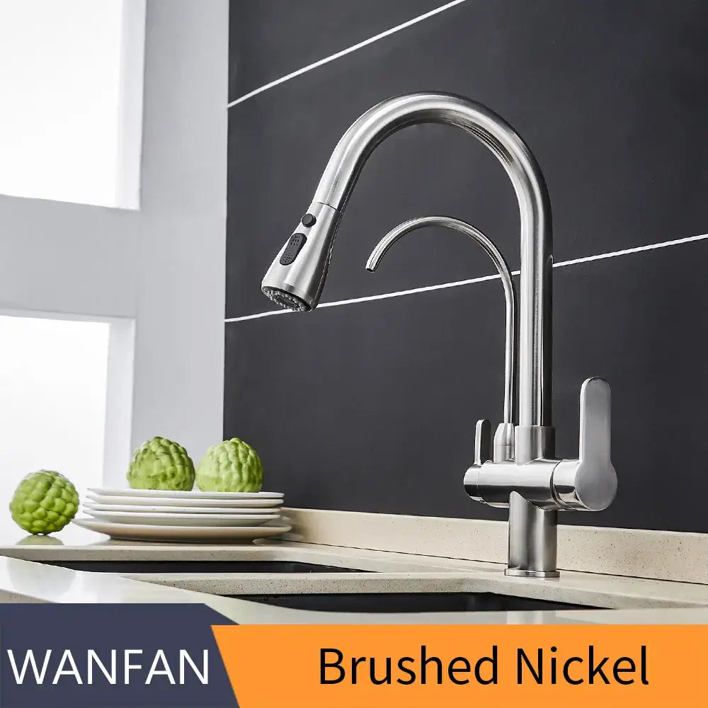 Modern stainless steel crane kitchen faucet in brushed nickel with a sleek arched spout and pull-down spray head