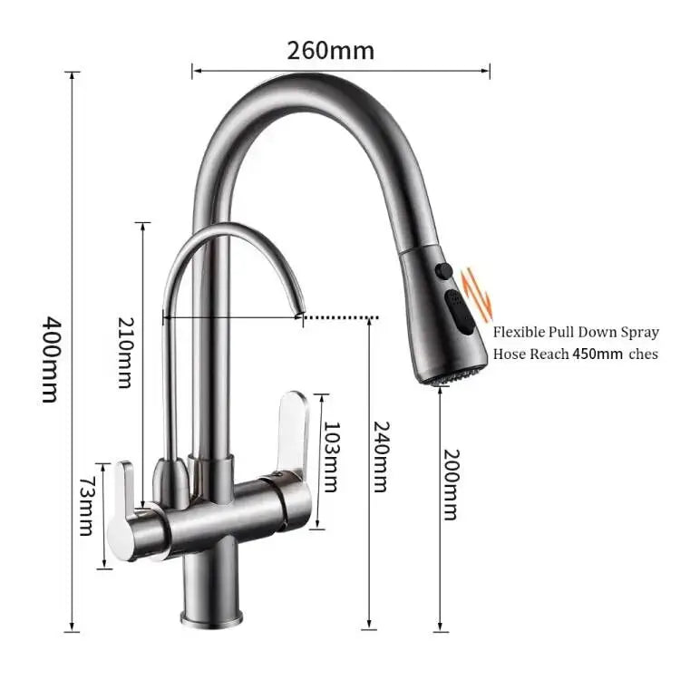 Modern stainless steel kitchen faucet with brushed finish curved spout and pull down spray head crane kitchen faucet