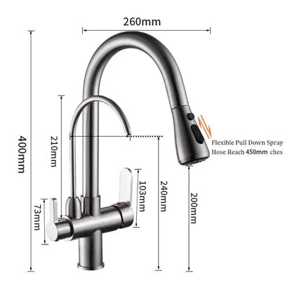 Modern stainless steel kitchen faucet with brushed finish curved spout and pull down spray head crane kitchen faucet