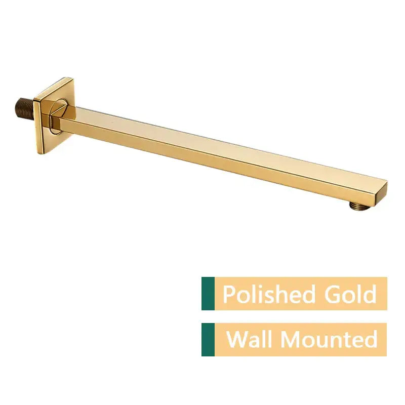 Polished gold stainless steel wall-mounted shower arm and head holder with a sleek rectangular brushed metal finish