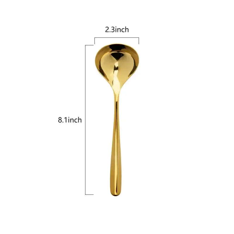 A sleek gold stainless steel small gravy ladle 8.1 inches long with a polished curved bowl 2.3 inches wide