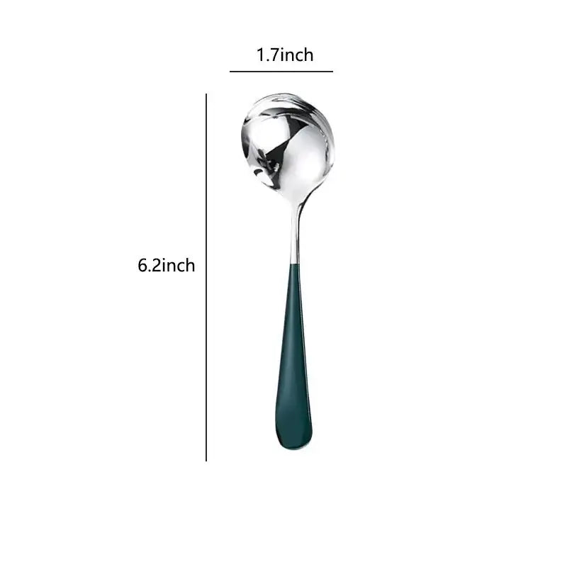 Modern stainless steel small gravy ladle with a polished silver bowl and matte dark green handle for dining use