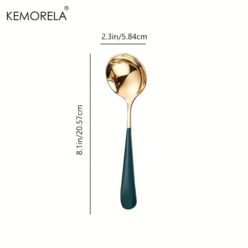 Kemorela modern stainless steel small gravy ladle with gold-toned bowl and sleek dark teal handle for dining room use