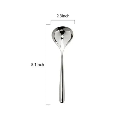 A sleek polished stainless steel small gravy ladle with an elongated handle and gently curved bowl for dining use