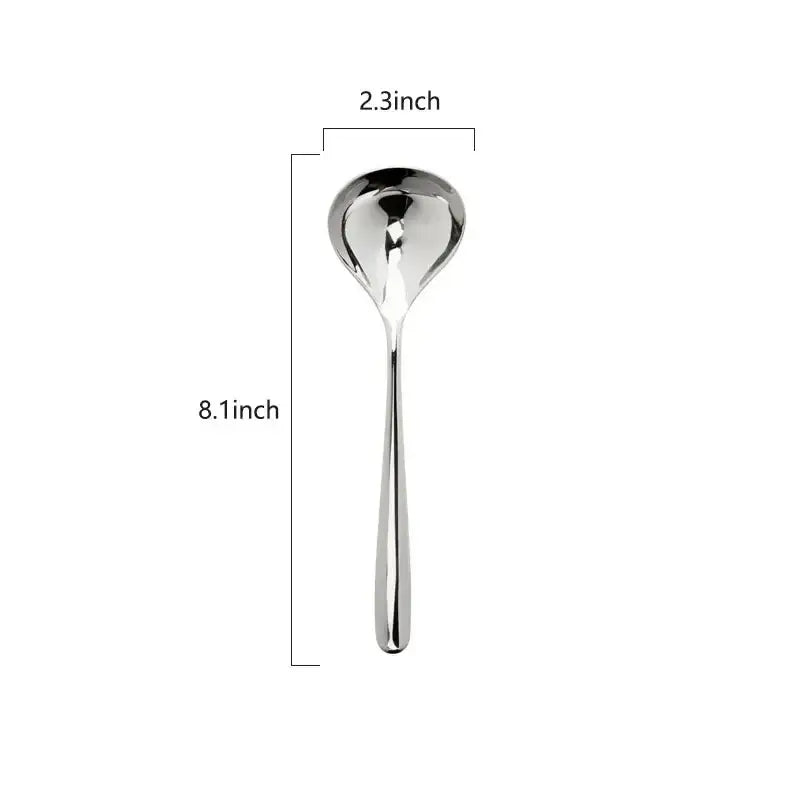 A sleek polished stainless steel small gravy ladle with an elongated handle and gently curved bowl for dining use