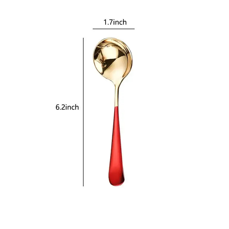 A sleek gold stainless steel small gravy ladle with a vibrant red handle measuring 6.2 inches in length