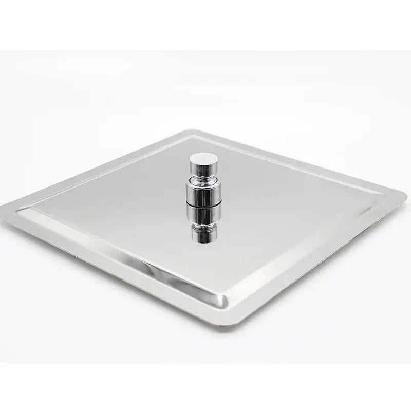 Modern stainless steel square ceiling rain shower head with shiny stainless steel lid and central cylindrical weight