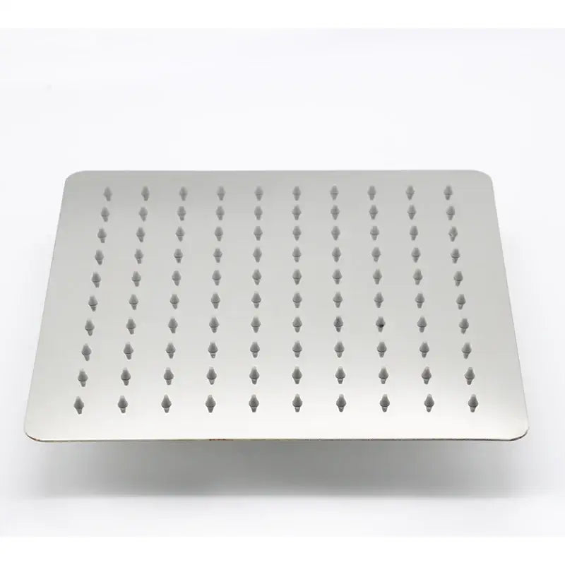 Modern stainless steel square ceiling rain shower head with brushed rectangular design and evenly spaced nozzles