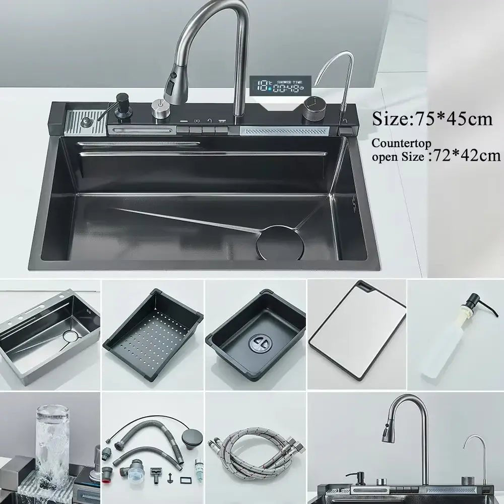 Modern stainless steel waterfall kitchen sink with digital display kitchen - Decorbites