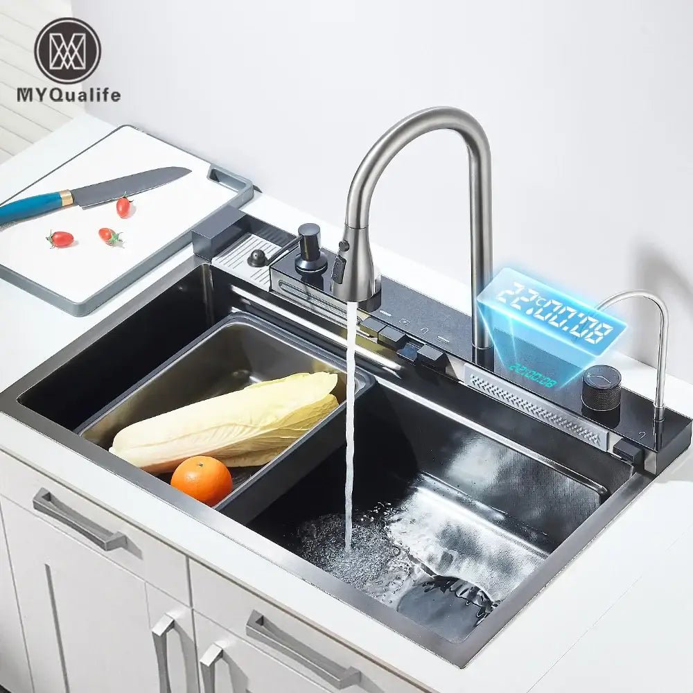 Modern stainless steel waterfall kitchen sink with digital display kitchen - Decorbites