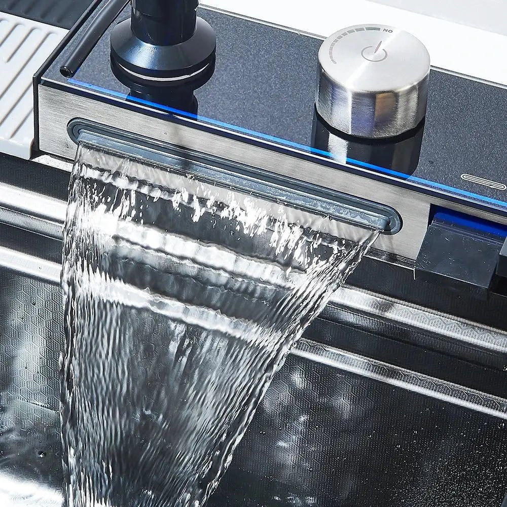 Modern stainless steel waterfall kitchen sink with digital display kitchen - Decorbites