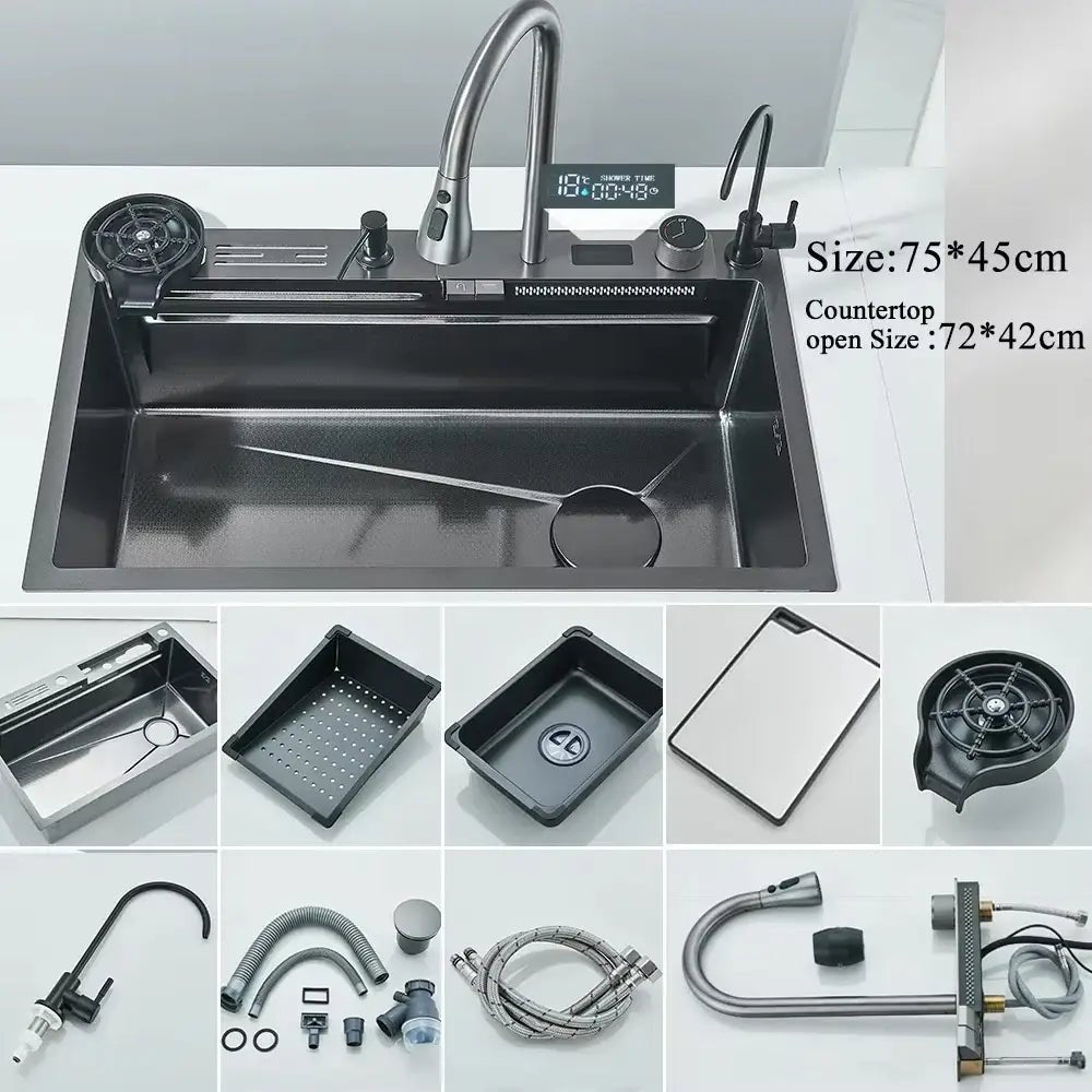 Modern stainless steel waterfall kitchen sink with digital display kitchen - Decorbites