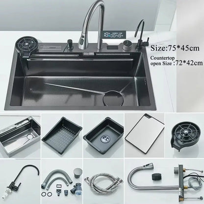 Modern stainless steel waterfall kitchen sink with digital display kitchen - Decorbites