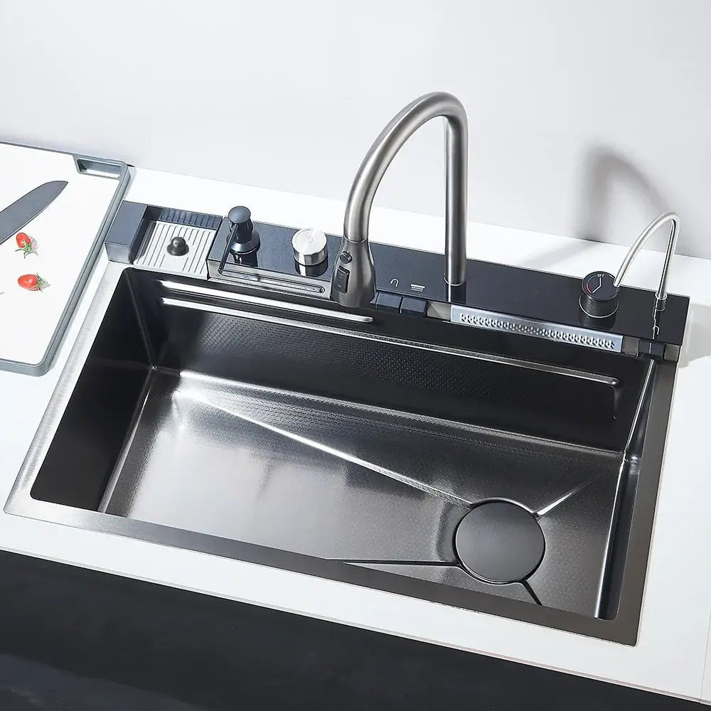 Modern stainless steel waterfall kitchen sink with digital display kitchen - Decorbites