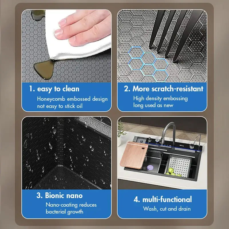 Modern stainless steel waterfall kitchen sink with black honeycomb embossed sink mat featuring nano-coating for easy cleaning and scratch resistance