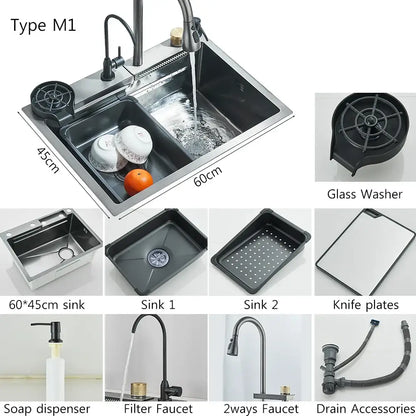 Modern stainless steel waterfall kitchen sink in silver with two compartments and integrated digital faucet