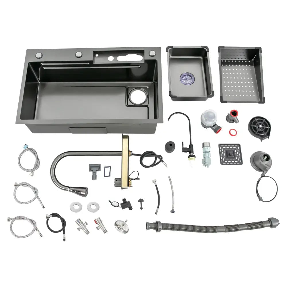 Modern stainless steel waterfall kitchen sink with pull out faucet - Decorbites