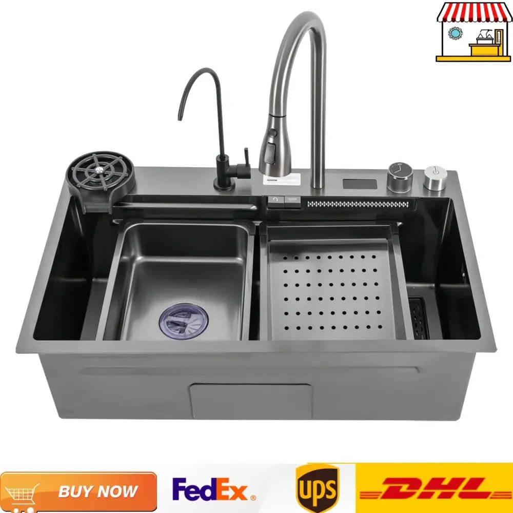 Modern stainless steel waterfall kitchen sink with pull out faucet - Decorbites