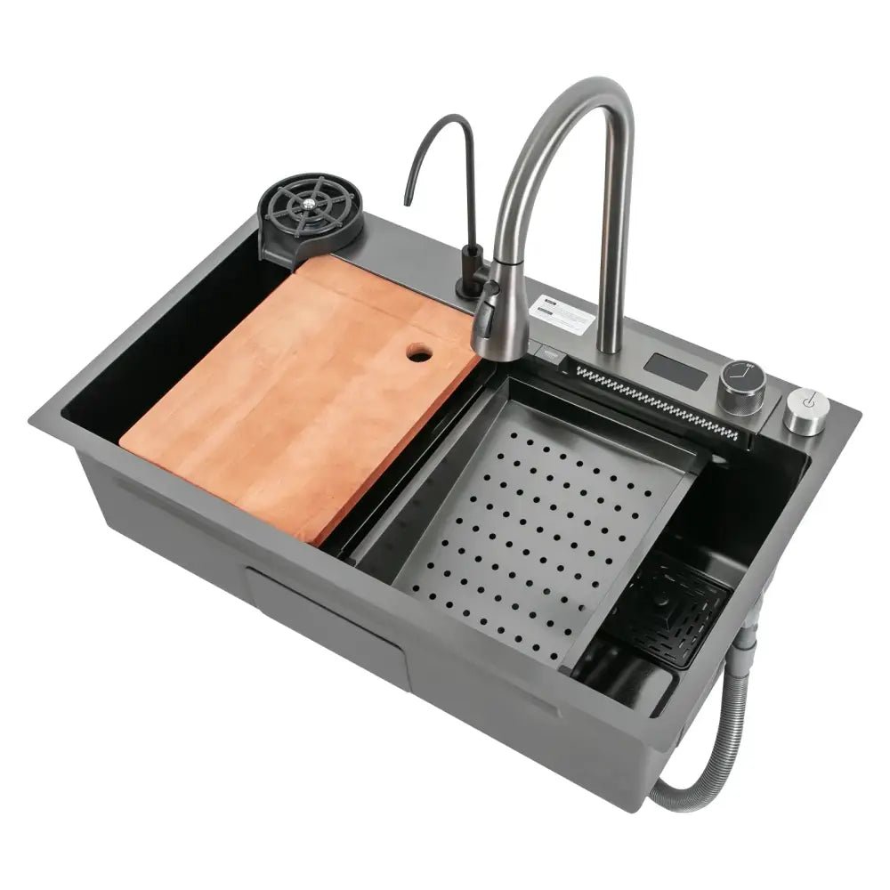 Modern stainless steel waterfall kitchen sink with pull out faucet - Decorbites