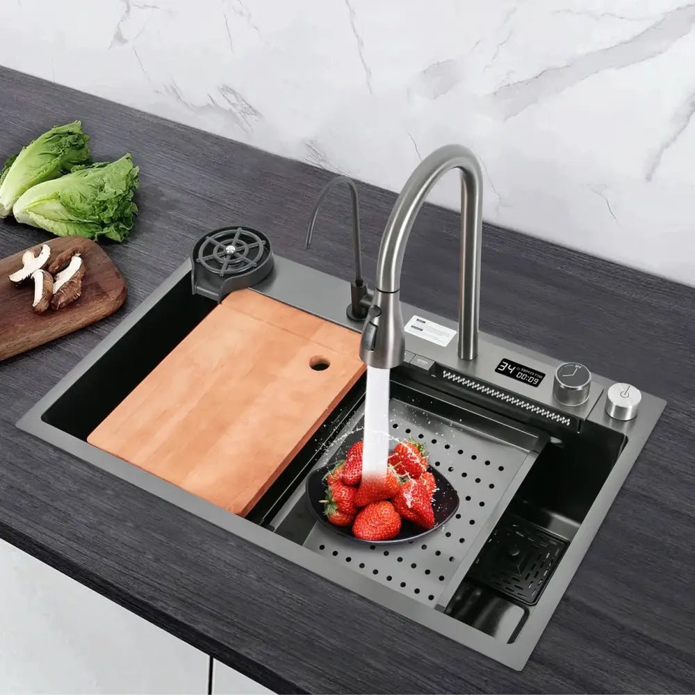 Modern stainless steel waterfall kitchen sink with pull out faucet - Decorbites