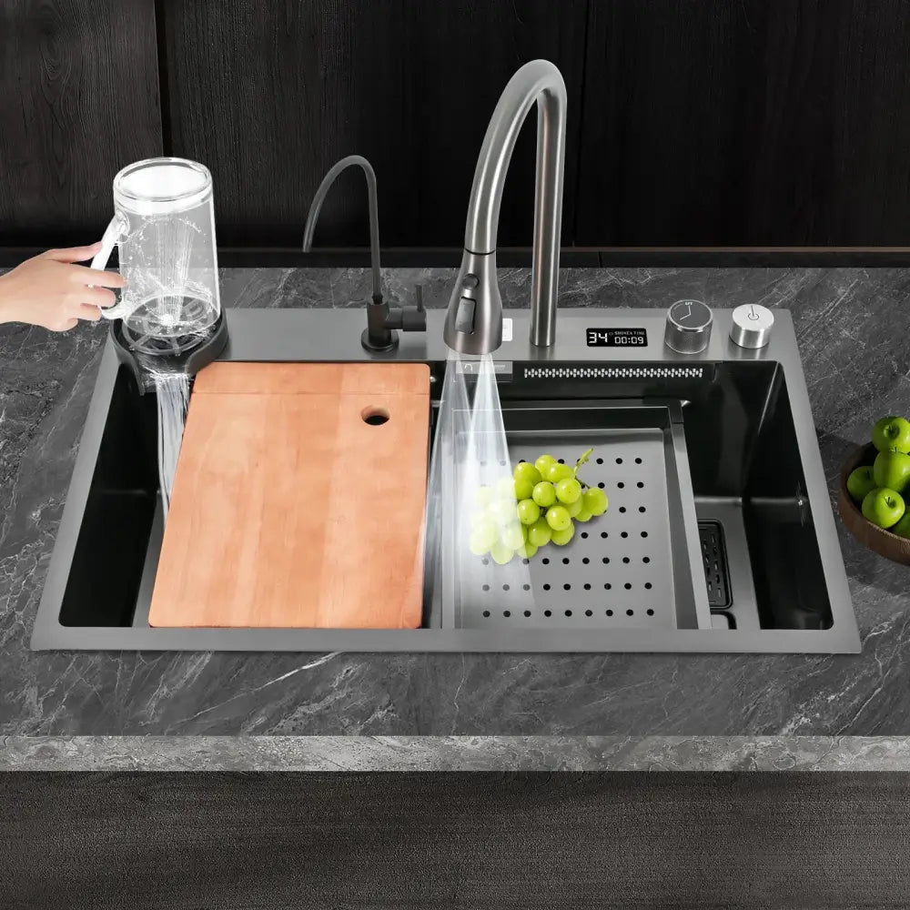Modern stainless steel waterfall kitchen sink with pull out faucet - Decorbites
