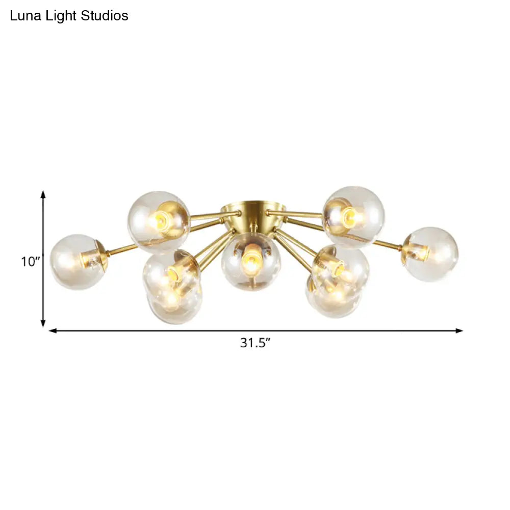 Modern Starburst Semi Flush Brass Light Fixture with Clear Glass