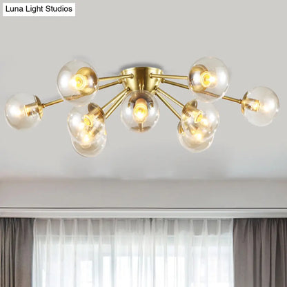 Modern Starburst Semi Flush Brass Light Fixture with Clear Glass