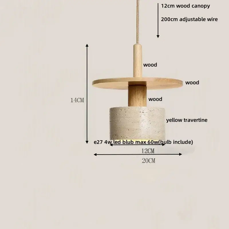 Minimalist pendant lamp with natural wood canopy and yellow travertine cylinder featuring decorbites glass ball led design