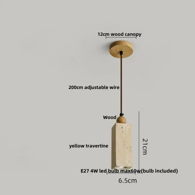 Modern stone and wood glass ball led pendant lamp with a yellow travertine body and wooden canopy by decorbites glass ball