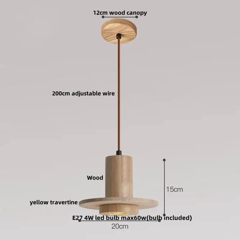 Minimalist pendant lamp with natural wood canopy, cylindrical body, and yellow travertine base for decorbites glass ball led design