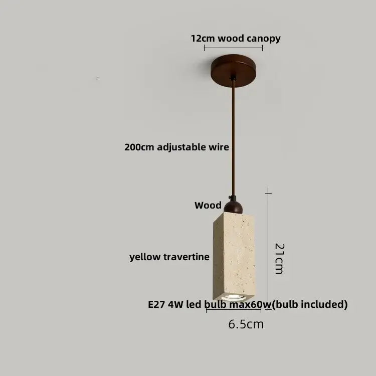 Modern stone and wood glass ball led pendant lamp with yellow travertine body wood canopy and adjustable wire decorbites glass ball