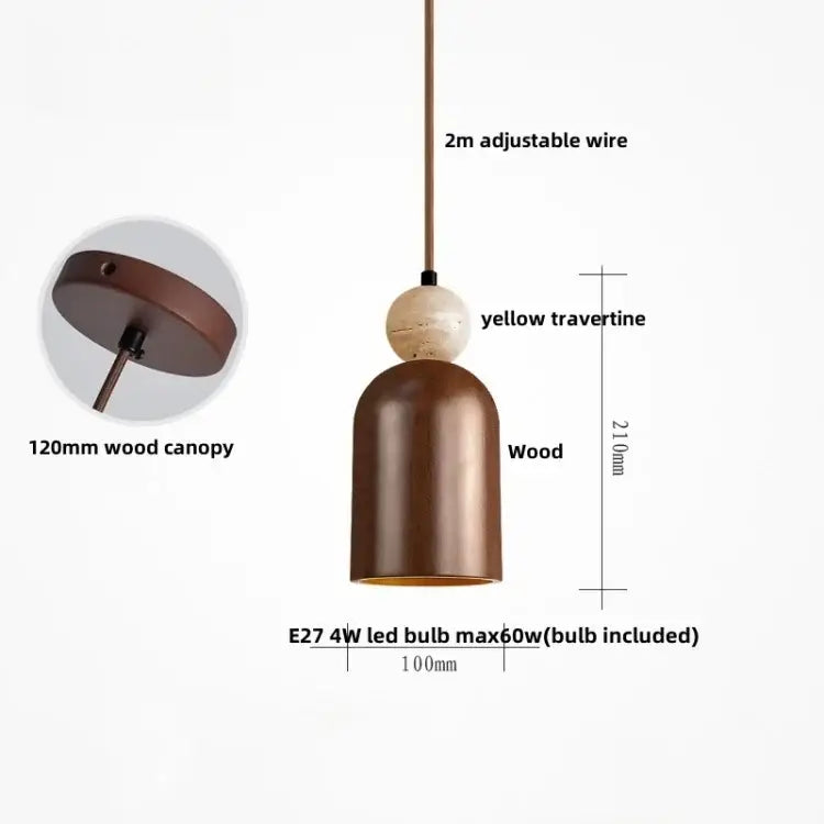 Modern stone and wood glass ball led pendant lamp with bronze wood finish and yellow travertine accent featuring e27 bulb