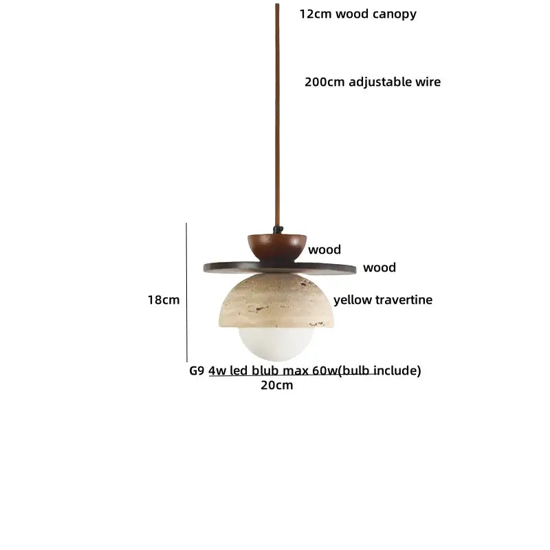 Modern pendant lamp with yellow travertine glass ball led shade, 12cm wood canopy, and 200cm adjustable wire for dining room decorbites glass ball