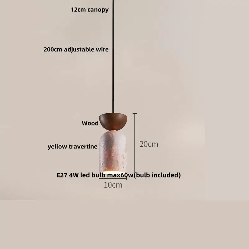 Modern pendant lamp with yellow travertine stone and wooden top cap on adjustable black wire for dining room decorbites glass ball led