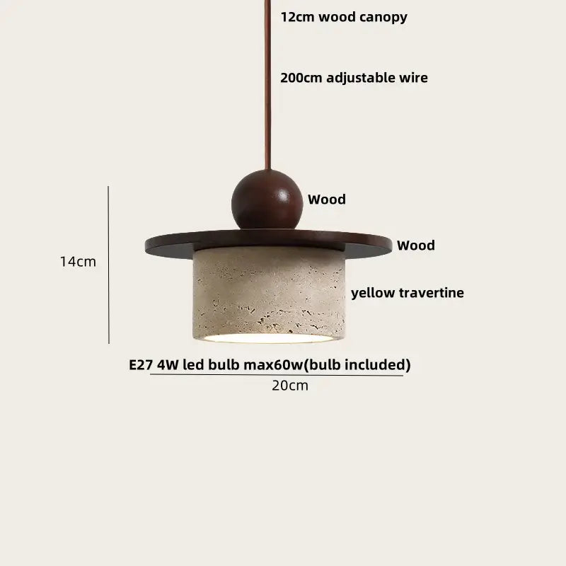 Modern pendant lamp with dark wood canopy and yellow travertine shade featuring decorbites glass ball led design
