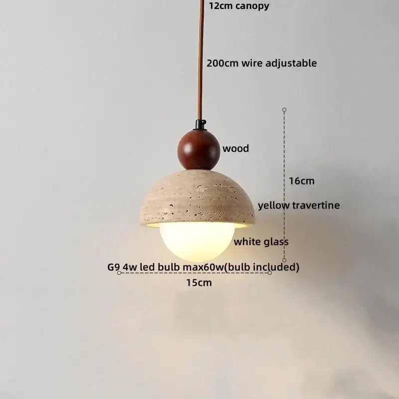 Modern pendant lamp with warm yellow travertine dome, polished wood sphere, and white glass ball led for dining room decorbites