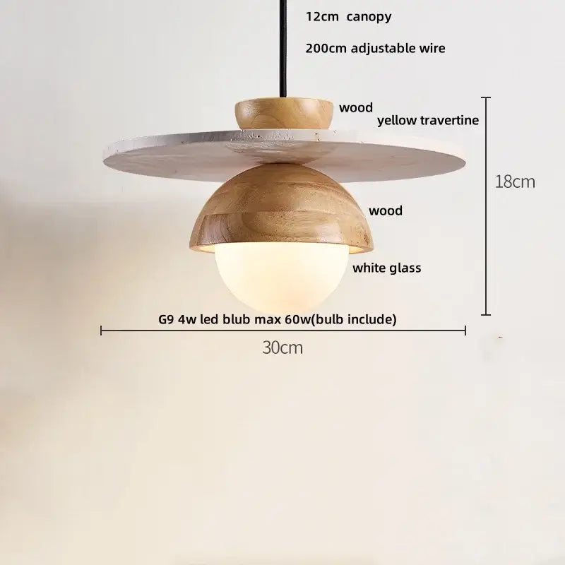 Modern pendant lamp with wooden canopy yellow travertine disc and wood dome white glass diffuser decorbites glass ball led